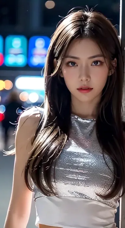 ((realistic light, Highest quality, 8k, Masterpiece: 1.3)), Clear focus: 1.2, 1 woman, perfect body beauty: 1.4, Slim stomach: 1.1, ((dark brown hair, big: 1.3)), (speed: 1.4), (outdoor, at night: 1.1), road, Ultra-slender face, good eyes, Double eyelids, ...