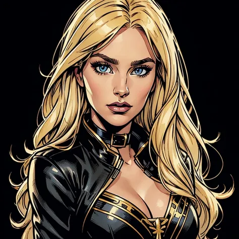 draw a beautiful white woman, she is wearing a black jacket, she has a black collar with golden details, she has a beautiful lon...