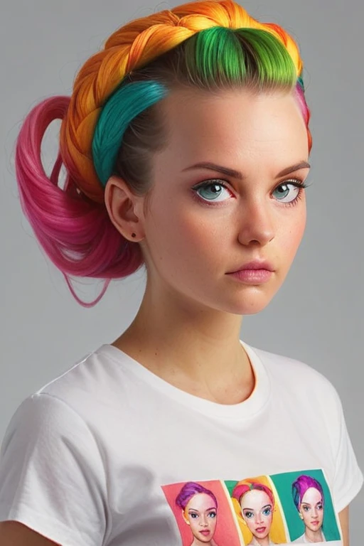 hyperrealistisches foto einer stolzen, beautiful woman with tied hair and colorful hair, low-cut white t-shirt, upper body, lill...