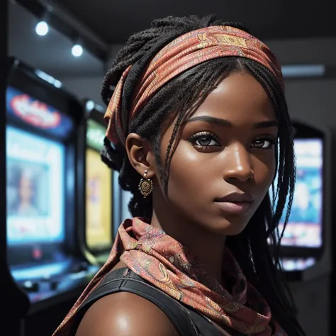 (Highres, Ultra-detailed, Realistic:1.37), Portrait, Very detailed drawing, parfait, belle femme noire, face hidden by a bandana, yeux de biche, piercing gaze, piercing a l’arcade sourcilière.