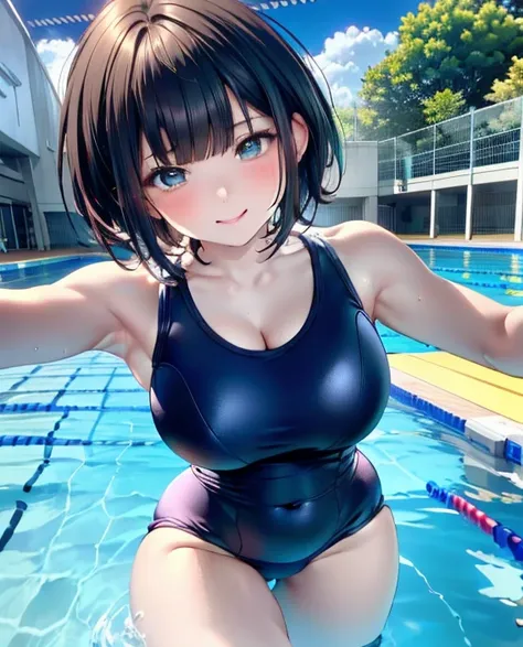 (8k、Best image quality、highest quality、masterpiece)、Detailed face、Detailed limbs、One 16-year-old girl、Black Hair、very short bob cut、Rounded bob hairstyle that follows the contours of the face、Blunt bangs、Grey Eyes、Wicked Smile、Medium chest、Big Ass、One piec...