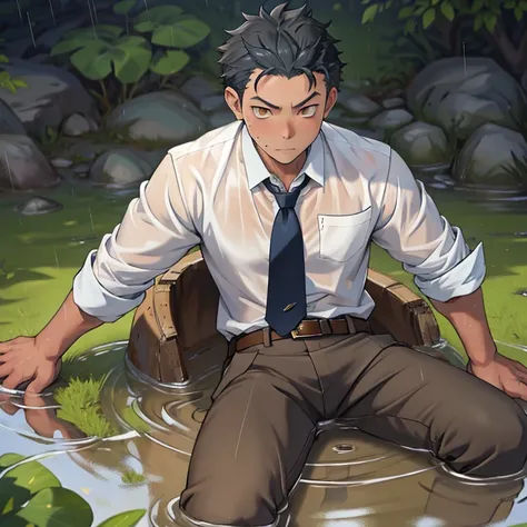 （1 Adult male），A high resolution， Sharp focus， Pixiv masterpiece， （（Complicated details））， highly  detailed， natsuki_subaru， 1 man，Lying in the mud， Lazy，full bodyesbian， Golden eyes（eyes glowing）， Short blue hair，white  shirt，Wear a tie，Wear a belt，perspi...