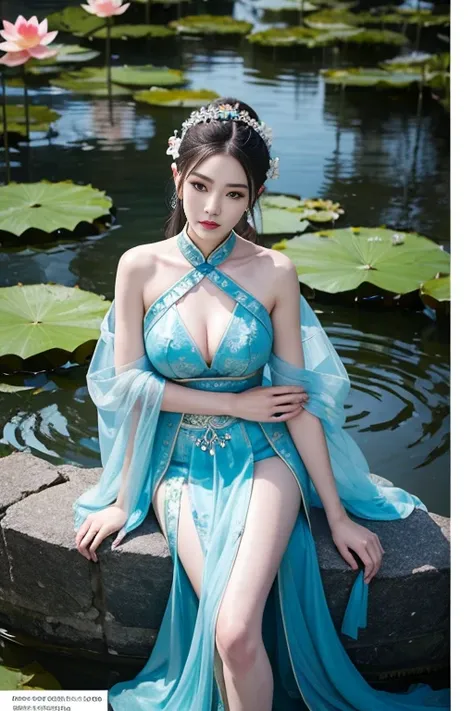 Ancient Chinese beauty sitting on stone, wearing ancient Chinese costume, flowing blue tulle, light silk, lazy pose, large lotus leaves, lotus flowers, ink painting style, clean colors, decisive cutting, white space, freehand, masterpiece, super detailed, ...