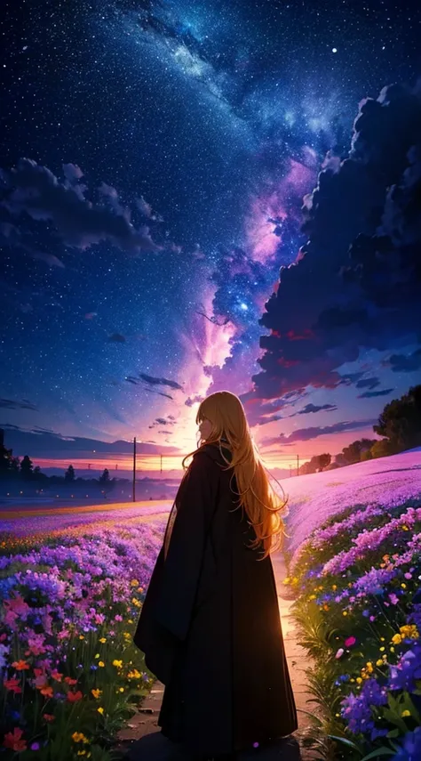 １people々,Blonde long-haired woman，Long coat， Dress Silhouette， Rear View，Space Sky, Flower Field，Colorful flowers