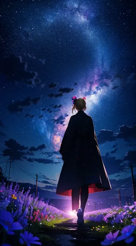 １people々,Blonde ponytail woman，Long coat， Dress Silhouette， Rear View，Space Sky, Flower Field，Colorful flowers