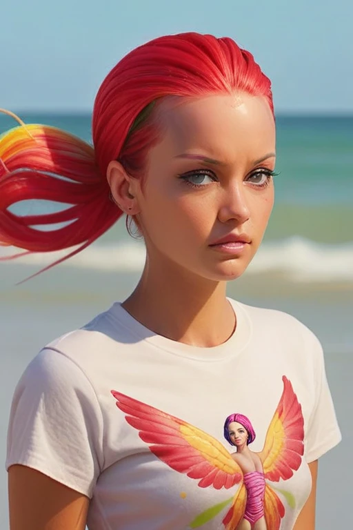 hyperrealistisches foto einer stolzen, beautiful woman with tied hair and colorful hair, t-shirt, lilly von cremont, am strand, ...