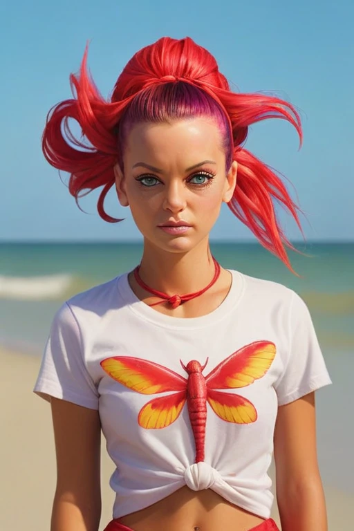 Hyperrealistisches Foto einer stolzen, beautiful woman with tied hair and colorful hair, T-Shirt, Lilly von Cremont, am Strand, with red water wings, upper body