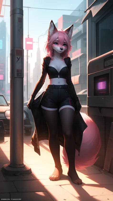 Cyberpunk fox, Beautiful light and shadow on a beautiful face with light pink hair、Ambientebeleuchtung am Strand、Ultra-fine fur、Das volumetrische Licht ist sehr detailliert，Furry art of the highest quality