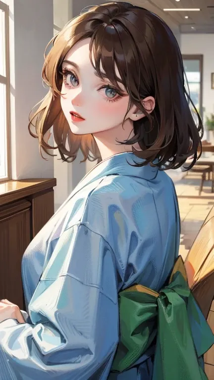 ((best quality)), ((masterpiece)), (detailed), visage parfait, chubby woman, yeux bleus, medium hair brunette, Red lips. kimono