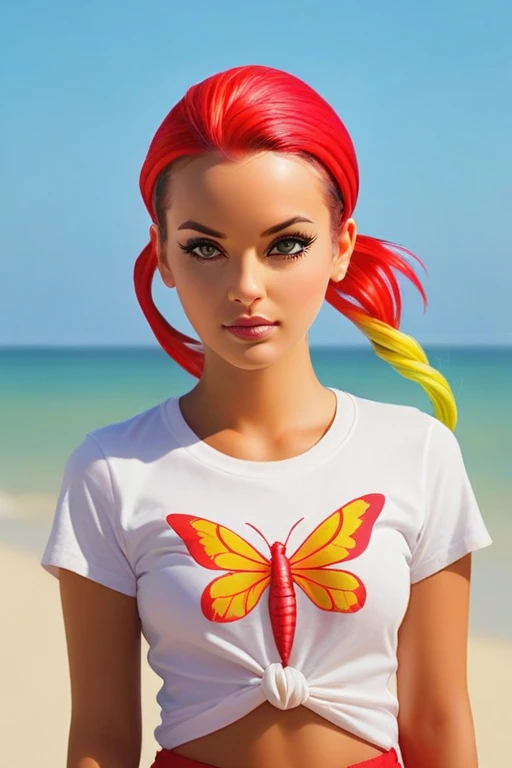 hyperrealistisches foto einer stolzen, beautiful woman with tied hair and colorful hair, t-shirt, lilly von cremont, am strand, ...