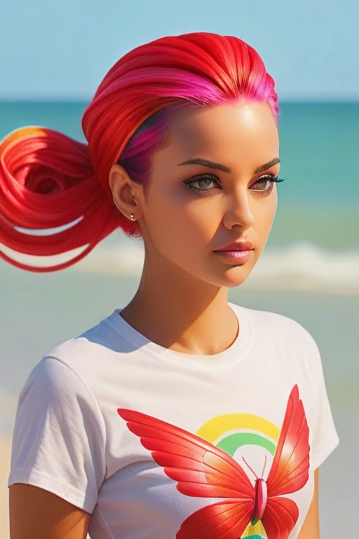 hyperrealistisches foto einer stolzen, beautiful woman with tied hair and colorful hair, t-shirt, lilly von cremont, am strand, ...