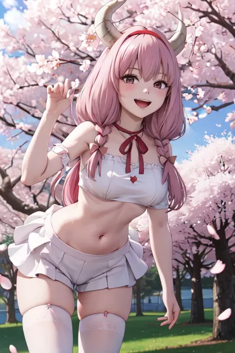 masterpiece, best quality, highres, hairband, long hair, 1girl, solo, white thighhighs,,red ribbon, neck ribbon, white shirt,hot pants, medium breasts, standing, cowboy shot, smile, open mouth, leaning forward, outdoors, cherry blossoms,Belly button、Two ho...