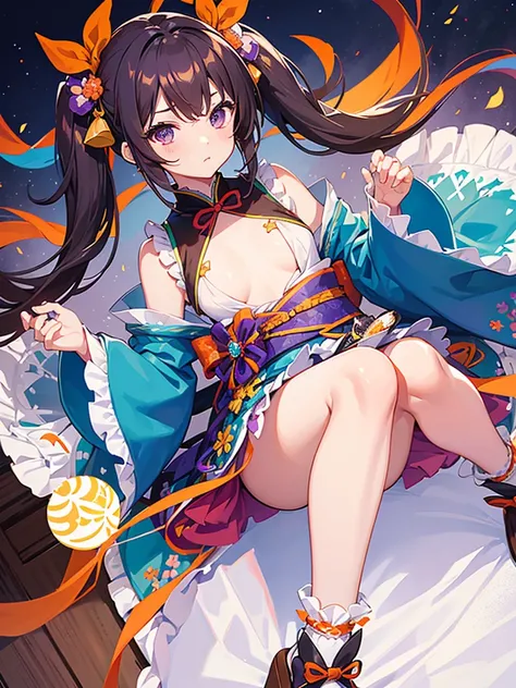 cute girl、Sharp purple eyes、Brown medium-long hair in twin tails with blue ribbons、The green mini kimono embroidered with orange flowers is sleeveless and has a frilly skirt that shows her side boob.、White long tabi socks、Black wooden clogs、