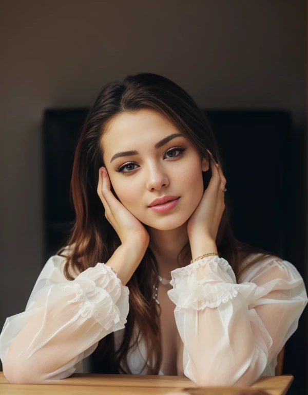 a woman sitting at the table，place your hands on your face, photo of a beautiful woman, anastasia ovchinnikova, anna nikonova ak...