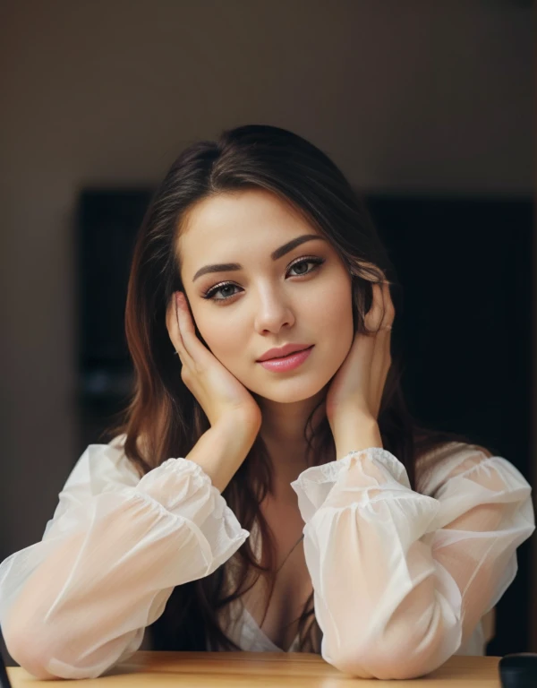 a woman sitting at the table，place your hands on your face, photo of a beautiful woman, anastasia ovchinnikova, anna nikonova ak...