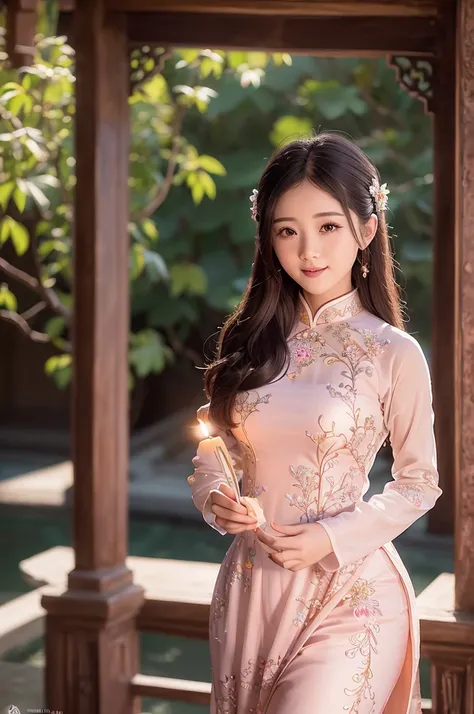 A girl in Vietnam wearing an Ao Dai,illustrated with intricate details,high-res,having a serene atmosphere,saturating the scene with vibrant colors,embracing traditional Vietnamese culture and spiritual practices,with delicate folds and embroideries on the...