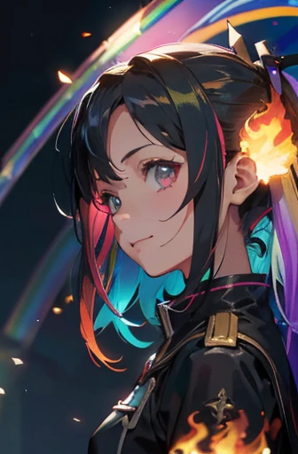 20-year-old woman、Black blue hair、Twin tails、Big smile、(High Top Fade:1.3)、Dark Theme、Calm colors調、Calm colors、High contrast、(Natural skin texture、Hyperrealism、Soft Light、sharp)、 asunayuuki, With a long sword with two flames, White combat uniform, Sword Ar...