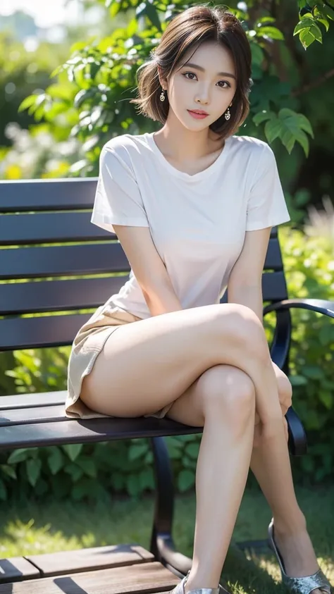 20 year old innocent girl、((side skirt, white t-shirt, Dramatic pose)),Smile,short cut,Thin Lips, Silver Earrings , Big breasts 1.2、Garden background、Raw photo, (8K、best quality、masterpiece : 1.2)、(intricate detail : 1.4)、(Photorealistic: 1.5)、octane rende...