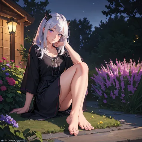 (best quality,4k,8k,highres,masterpiece:1.2),ultra-detailed,(realistic,photorealistic,photo-realistic:1.37),illustration,soft lighting,a girl with white hair,deep purple eyes,glowing eyes,sitting down,barefoot,face blushing,in a garden at night,flowers.