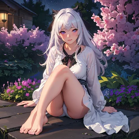 (best quality,4k,8k,highres,masterpiece:1.2),ultra-detailed,(realistic,photorealistic,photo-realistic:1.37),illustration,soft lighting,a girl with white hair,deep purple eyes,glowing eyes,sitting down,barefoot,face blushing,in a garden at night,flowers.