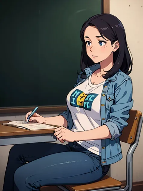 masterpiece, regular girl in jeans and t-shirt and worn out denim jacket, in class, write on blackboard