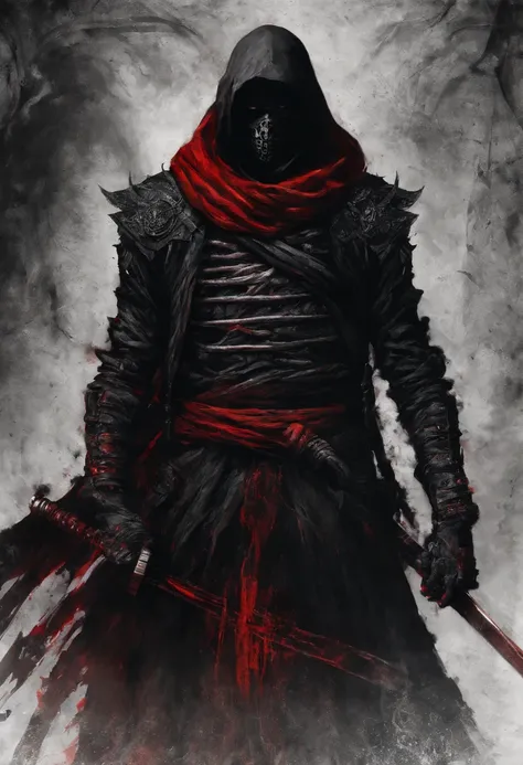 Dark ninja with a red sword、Red scarf，