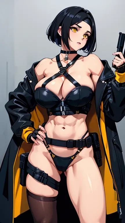 (((Cabelo longo))) black hair yellow eyes pale skin muscular girl huge breasts jacket, holster, gun holster, bondage gear, choker, headband, pantyhose, harness