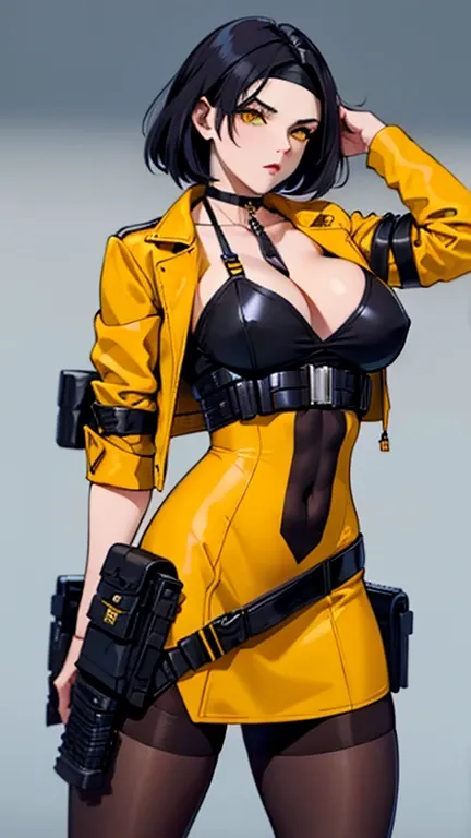 (((Cabelo longo))) black hair yellow eyes pale skin muscular girl huge breasts jacket, holster, gun holster, bondage gear, choker, headband, pantyhose, harness