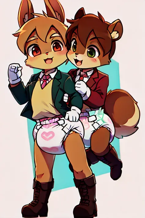 2 boys, rabbit and squirrel, furry, bodyfur, blazer, diaper, gloves, boots, dance