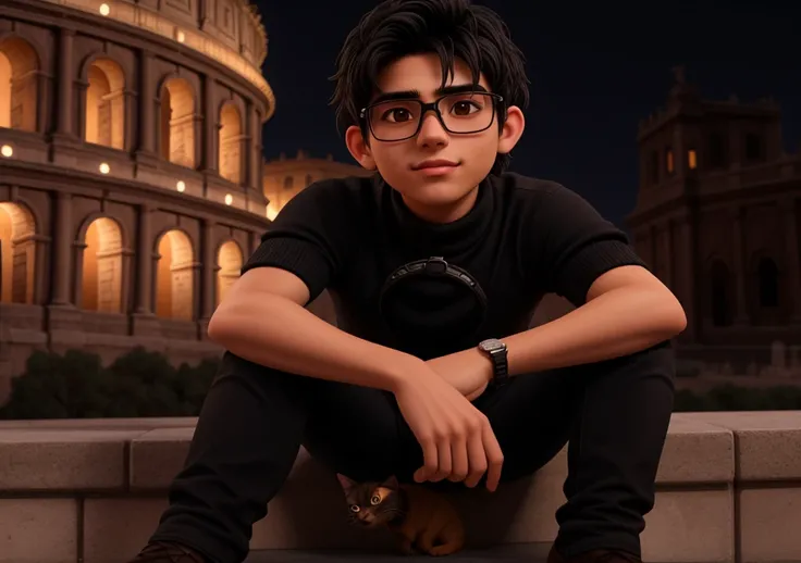 A young peruvian man of 20 years old, with black disheveled hair, lentes cuadrados, cute square face, boxy face, and brown eyes, wearing black turtleneck, black jeans. He is sitting alone holding one small black cat at night with the Roman Coliseum in the ...