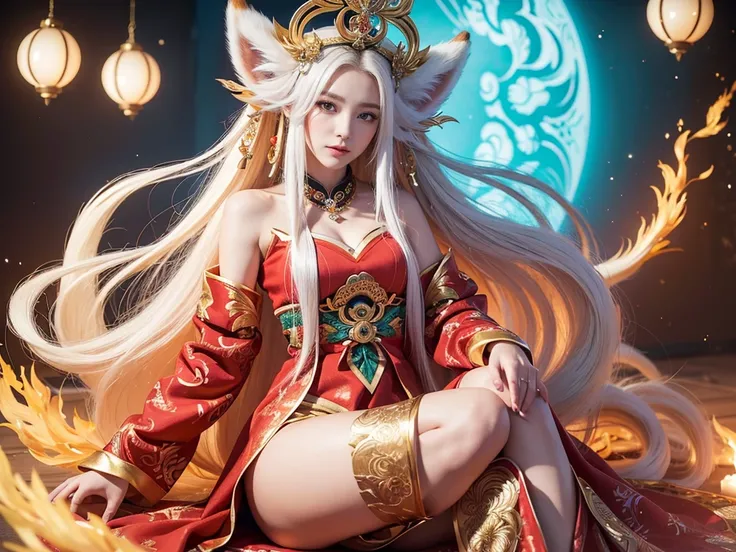 The fox queen sits in front of a nine-tailed fox､(absurdly ,high quality , Super detailed,(See photographer ),(fox god,nine-tailed fox) ,beautiful long white hair，Costumes with detailed, beautiful and colorful patterns