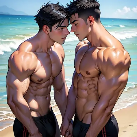 Two black-haired boys kissing face to face on the beach, gay men, The whole body is facing each other and the muscles are pressed firmly together.., Swollen and atrophied chest muscles, Swimwear、Show whole body