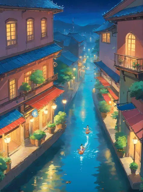 ((Best quality)), ((masterpiece)),European classical town,mist,(2d:1),(floating colorful water:1.3),close shot,pleasant,Night