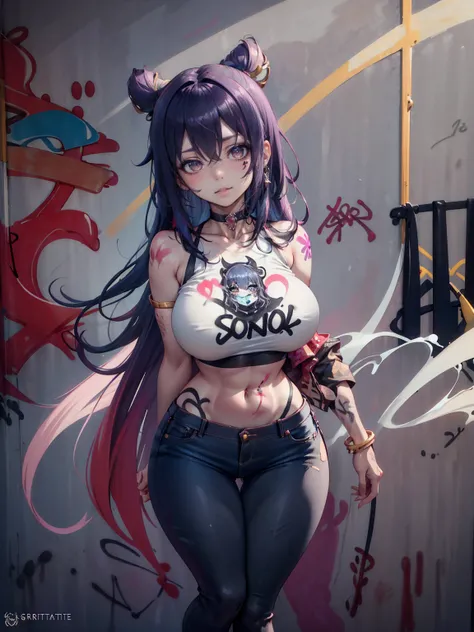 Yae Miko Genshin Effects, masterpiece, bestquality, 1girls, bara, crop top, shorts jeans, choker, (Graffiti:1.5), color splashes, arm behind back, against wall, looking at the audience, bracelet, Thigh strap, Paint on the body.................................