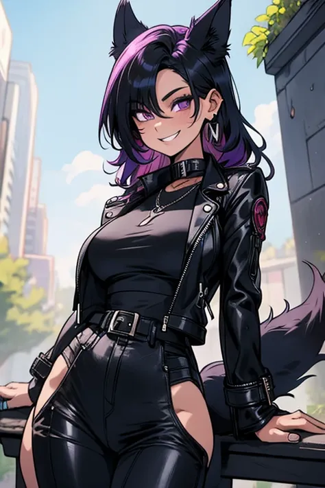 A black haired woman with purple eyes and an hourglass figure with black fox ears and a black fox tail in a cool leather jacket and jean outfit is smiling in a park
