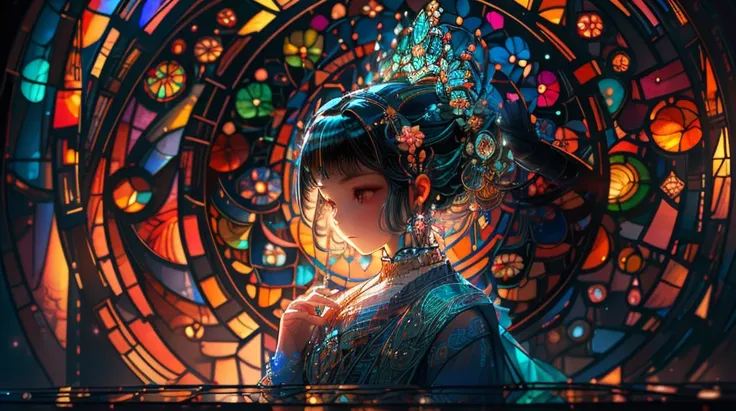 In this exquisite masterpiece of top quality, a lone girl is depicted creating a stunning work of art using stained glass. The glass is richly colored, with hues that radiate a beautiful and aesthetic energy. Intricate lead lines weave through the design, ...