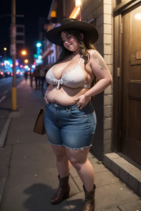 pov from sidewalk, very fat wasted mature cowgirl with a stetson, santiag, unable to stand, sleazy, massive , fat girls, standing drunkenly, head looking skyward, drunk facial expression, shoulders back, legs together, swaying drunkenly, no balance, drunk,...