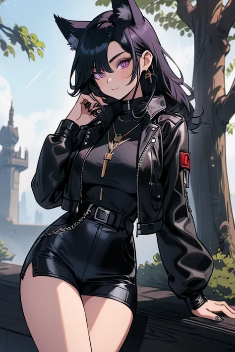 A black haired woman with purple eyes and an hourglass figure with black fox ears and a black fox tail in a cool leather jacket and jean outfit is leaning on a tree
