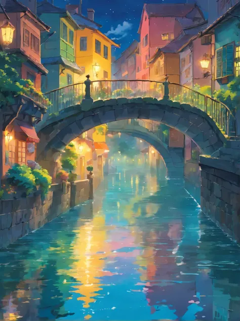 ((Best quality)), ((masterpiece)),European classical town,mist,(2d:1),(floating colorful water:1.3),close shot,pleasant,Night