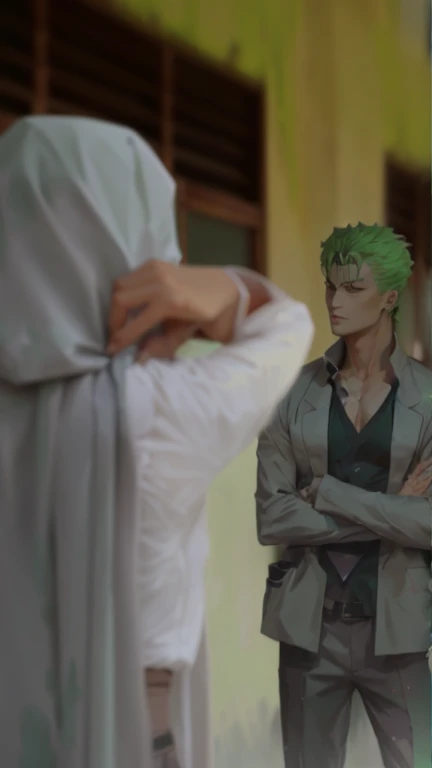 anime characters are standing in front of a building with a woman, handsome anime pose, wearing only a green robe, intense moment, roronoa zoro, private moment, dressed in a green robe, posing as a jojo character, wearing a green cloak, wearing green cloak...