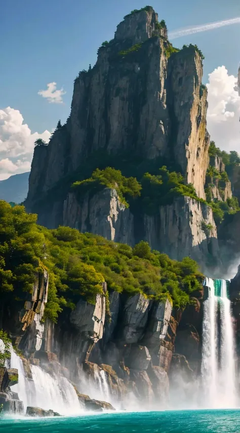 Masterpiece, ultimate quality, Cg unity 8k wallpaper, super delicate, beautiful sky and clouds, rich natural scenery, cliffs, lakes and rivers, waterfalls and flying water, beautiful green mountains, no trace of people, excellent scenery, has already won a...