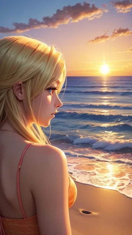 A beautiful blonde woman, gazing at the sunset horizon on the beach, with an anime style and realistic features.

A stunning blonde woman, admiring the sunset scene at the beach, illustration inspired by anime art and boasting a lifelike face.