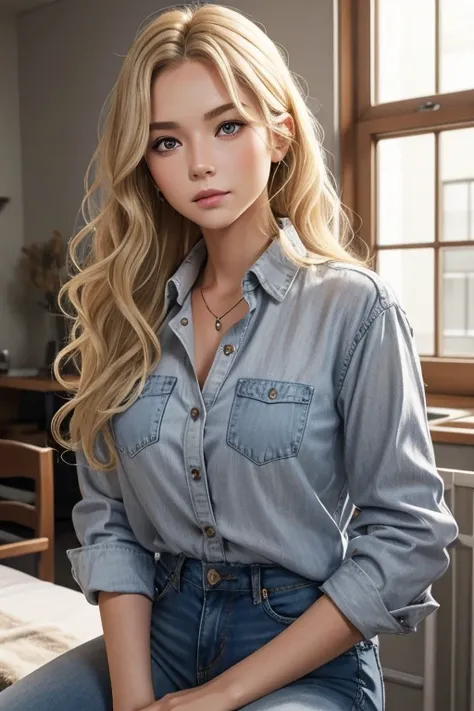 One Woman, blonde hair, wavy hair, shoulder length hair, grey eyes, red button down shirt, blue jeans
