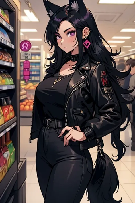 A black haired woman with purple eyes and an hourglass figure with black fox ears and a black fox tail in a cool leather jacket and jean outfit is shopping at the grocery store