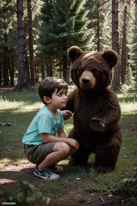 Create a picture;a little boy in a coniferous forest met a bear and became friends with him.