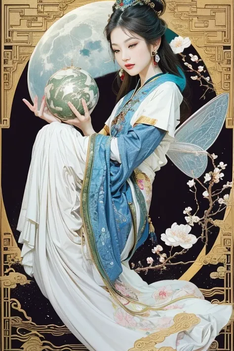 (masterpiece, top quality, best quality, official art, Pretty and beautiful face:1.2), (1 Chinese Goddess，Change fairy:1.5), Very detailed,(Dunhuang art:1.1),(Dunhuang is colorful:1.1)(Flowers:1.3),Most detailed,(Chinese painting:1.2), (Dynamic flight atti...