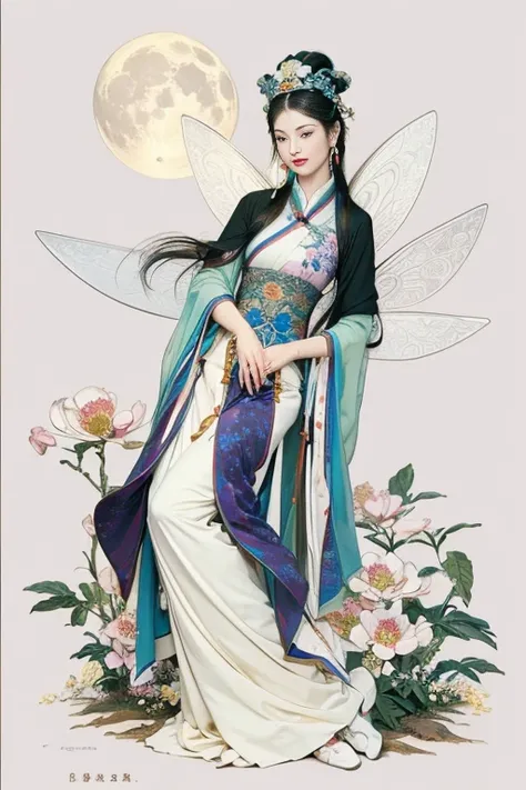 (masterpiece, top quality, best quality, official art, Pretty and beautiful face:1.2), (1 Chinese Goddess，Change fairy:1.5), Very detailed,(Dunhuang art:1.1),(Dunhuang is colorful:1.1)(Flowers:1.3),Most detailed,(Chinese painting:1.2), (Dynamic flight atti...