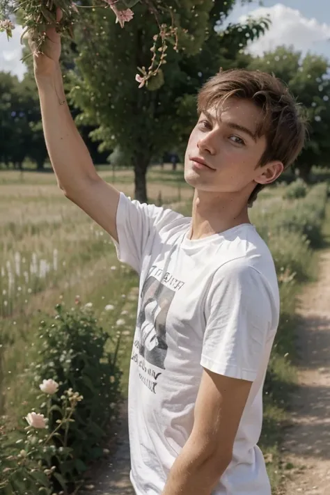 Un homme twink de 19 ans d1m74 assez fin aux cheveux roses. Il porte un t-shirt blanc très ample et se balade dans les champs. Il regarde vers lhorizon.