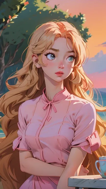 enchanting atmosphere of the scene. The anime style brings out the womans captivating features with remarkable realism and lifelike detail. Her long, wavy blonde hair, catching the golden rays of the setting sun, adds to the scenes beauty. The womans brigh...