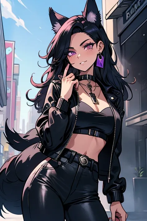 A black haired woman with purple eyes and an hourglass figure with black fox ears and a black fox tail in a cool leather jacket and jean outfit is tucking a piece of hair behind her ear in a mall